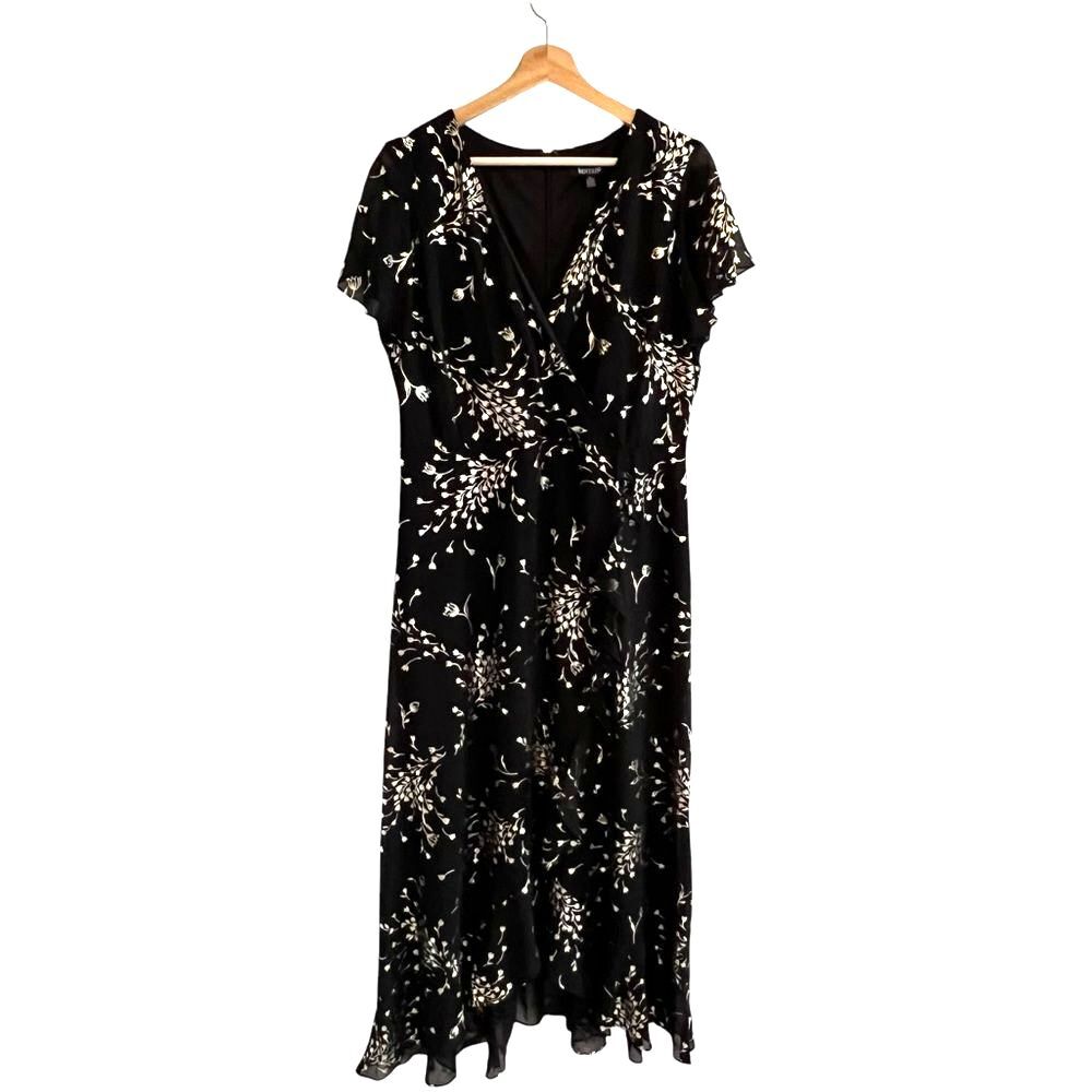 Kensie Foil Print Chiffon Maxi Dress Size 12 Black Gold Hi-Low Whimsigoth Fairy